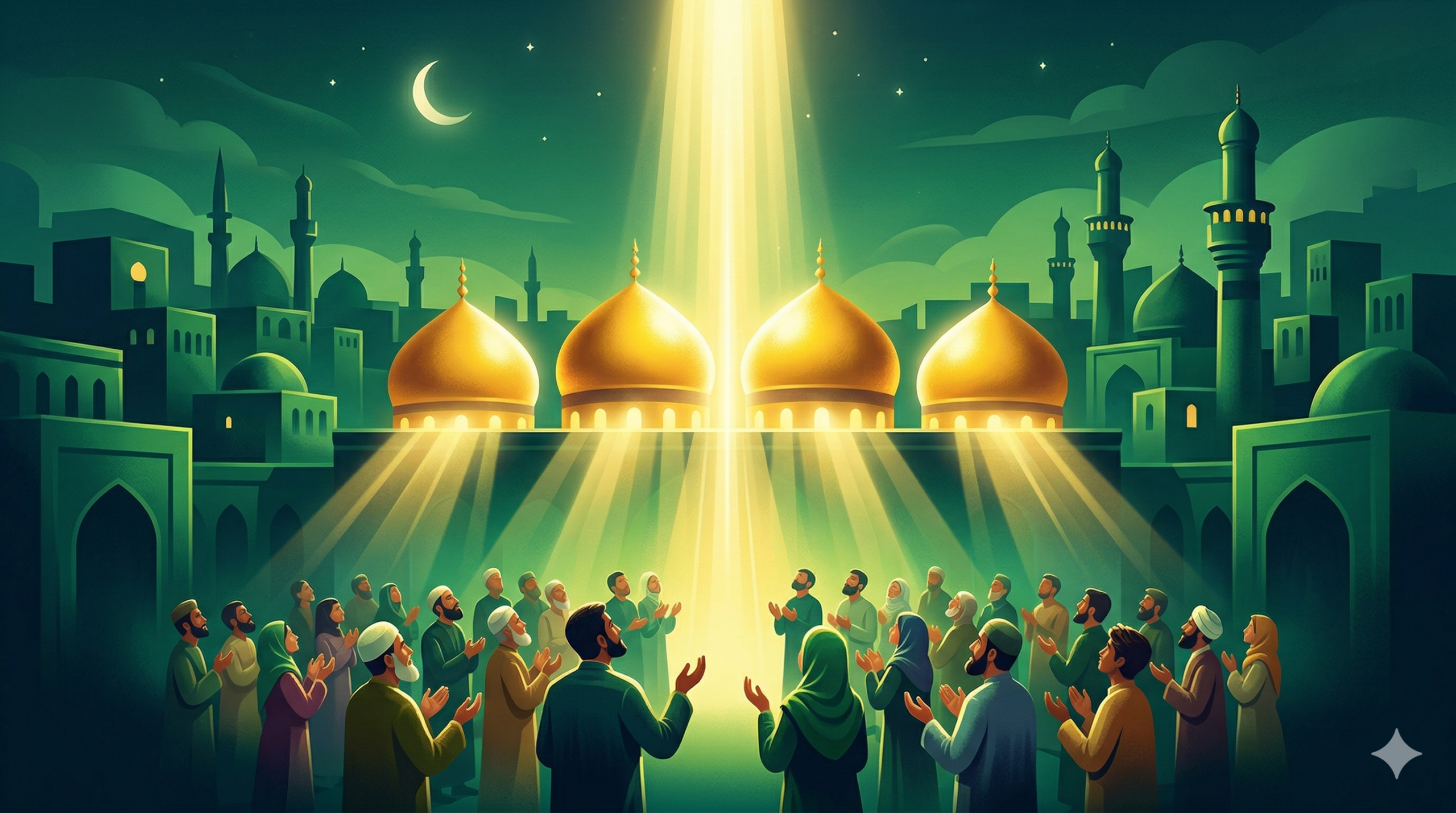 This visual uses four distinct golden, glowing domes to represent the four special deputies (Nawwab-e-Arba), who served as the exclusive physical link to the Imam during this 69-year period. The setting is an abstract Baghdad skyline at twilight, rendered in deep emerald green and blue, symbolizing the Abbasid era when these events took place. A powerful shaft of golden light descends from the heavens, passing through the deputies' domes and out to a stylized, gathered community of believers below. This symbolizes that while the Imam (atfs) was concealed, his divine guidance and authority were still actively flowing to the Shia Ummah through his chosen representatives.