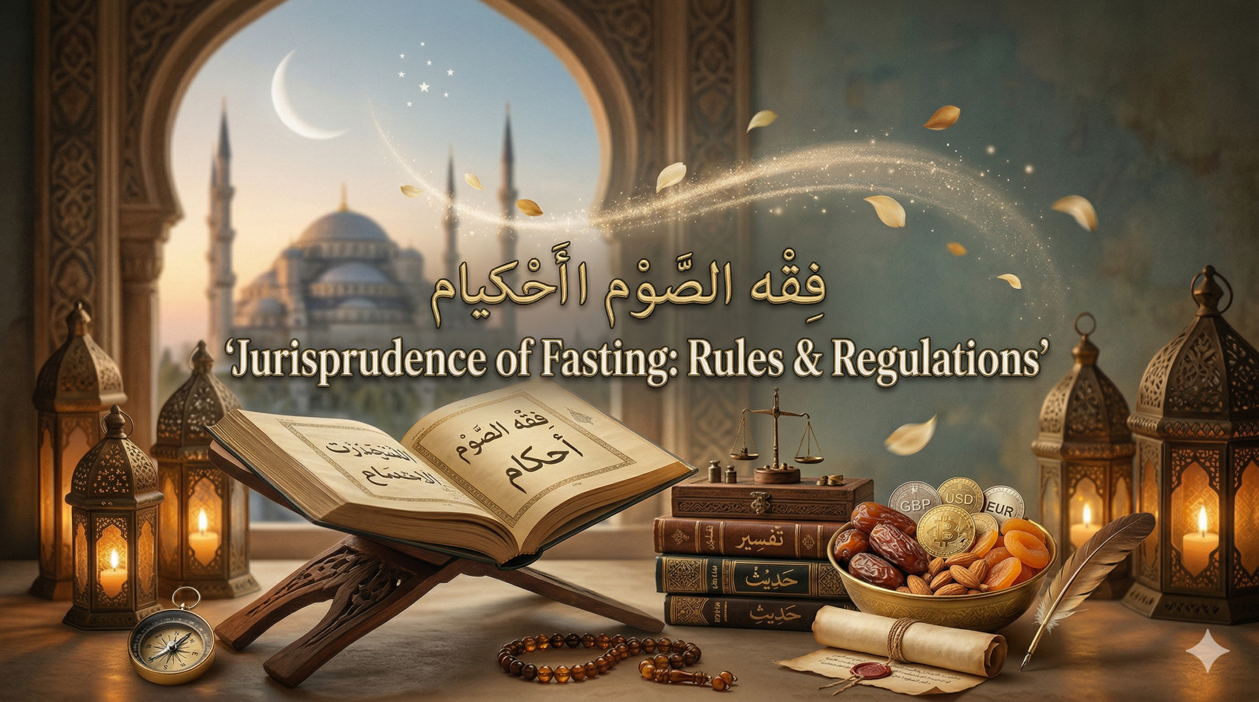 An authoritative and detailed feature image for "Jurisprudence of Fasting: Rules & Regulations," featuring an open ancient manuscript, a traditional wooden rehal, prayer beads, a compass, and a legal text stack with a legal scroll, with a mosque through a historical archway at twilight.