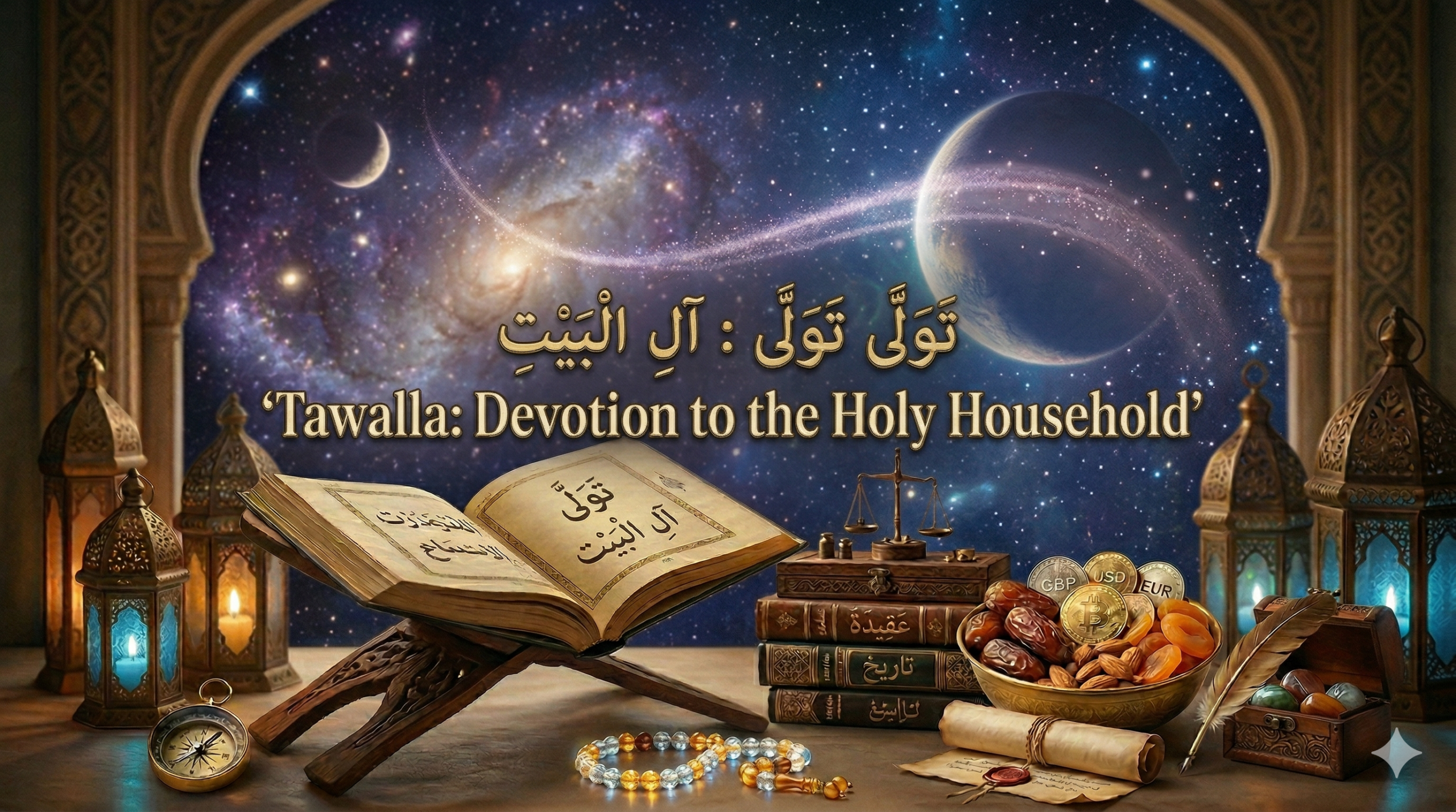 A deeply spiritual feature image for "Tawalla: Devotion to the Holy Household," showing a perspective through an ornate archway looking out at a stunning deep-space nebula, featuring an open ancient manuscript, unique glowing prayer beads, a legal text stack with a legal scroll, and a basket of staple foods (dates, wheat, global coins).