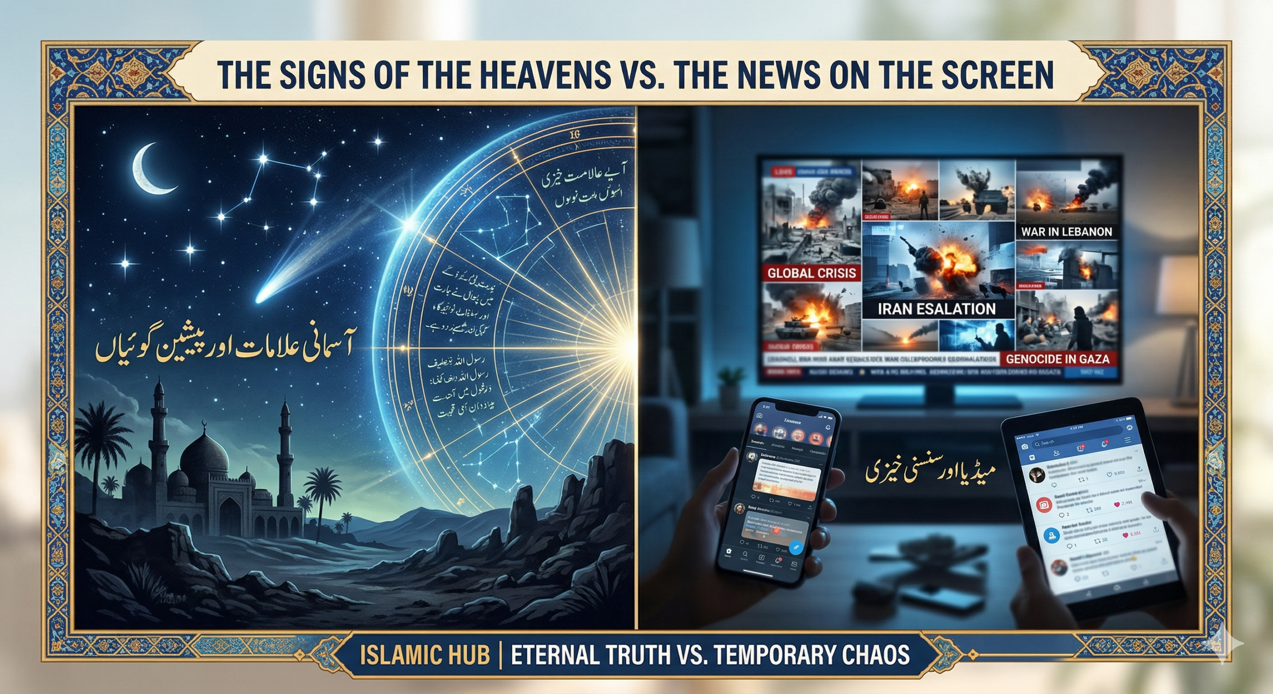 Our modern world is flooded with breaking news, alarming headlines, and viral videos, but are we focusing on the wrong source? This article provides a crucial comparison between the divine 'Signs of the Heavens' (Alamat) mentioned by the Ahlul Bayt (a.s.) for the End of Times and the noisy, often chaotic 'News on the Screen' that dominates our attention.
