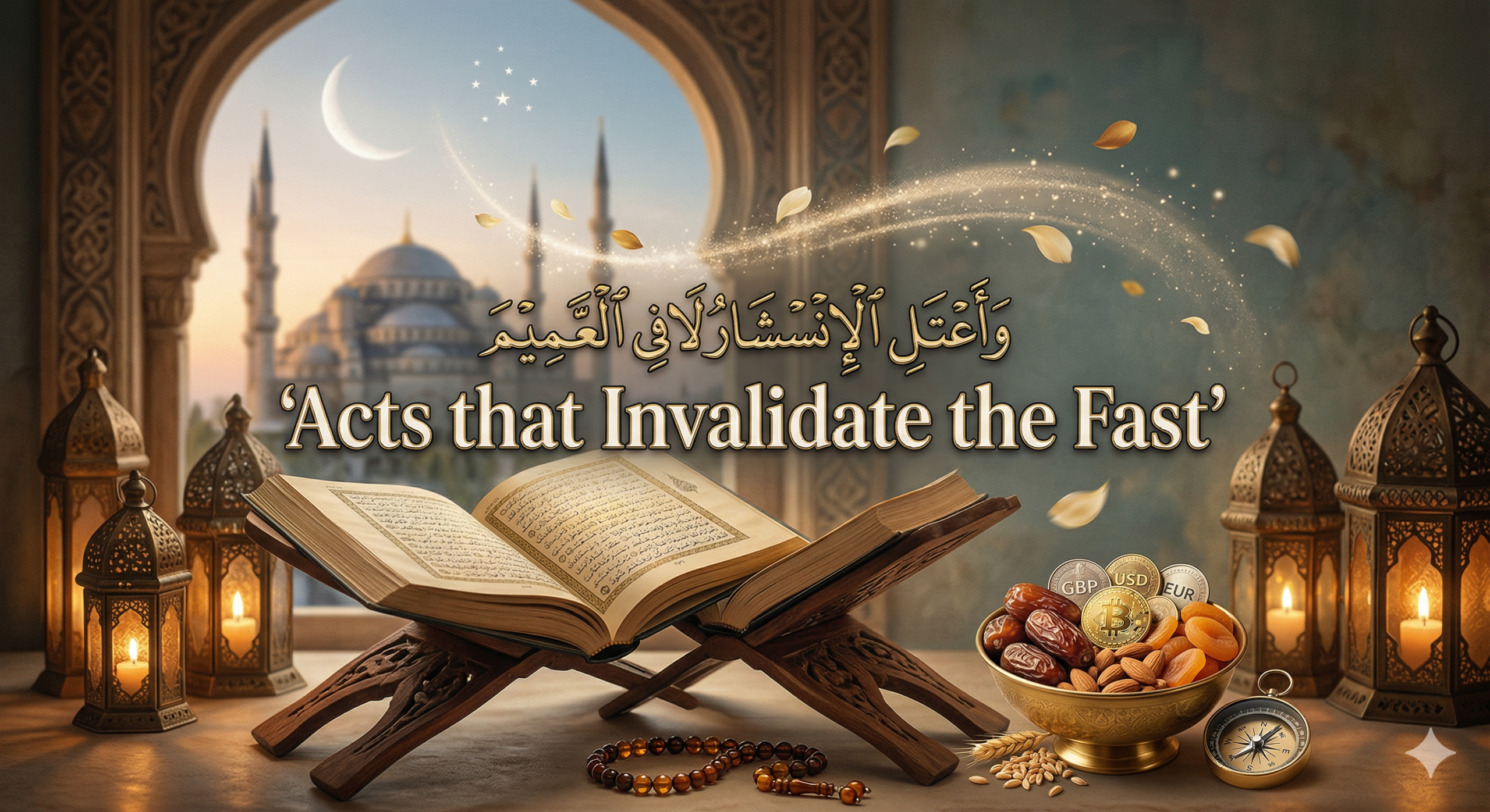 An educational guide image for "Acts that Invalidate the Fast" (Mubtilat al-Sawm), featuring a split-screen concept that contrasts intentional eating and drinking with the mercy of accidental or forgetful acts, set against a serene Islamic background with a crescent moon.