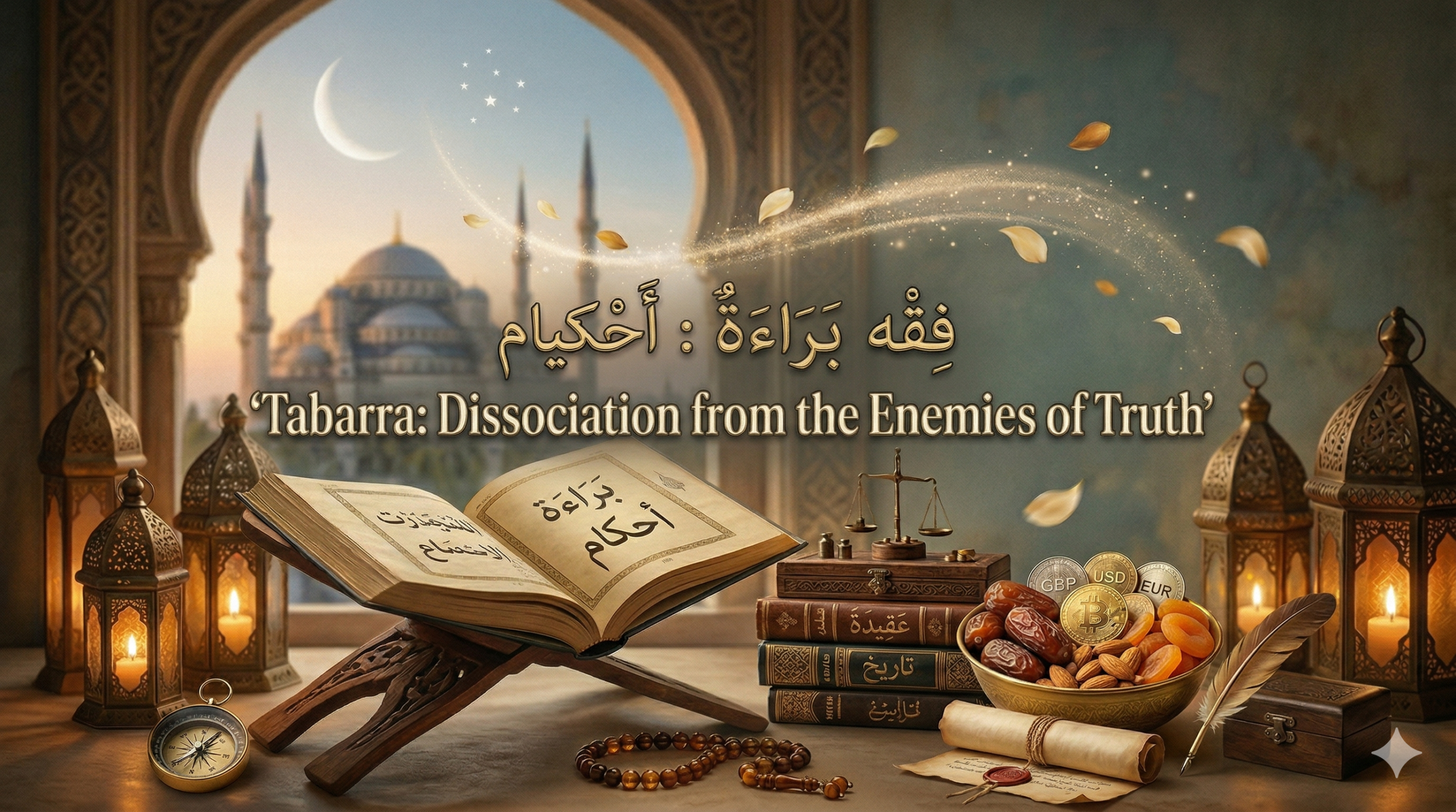 An authoritative and detailed feature image for "Tabarra: Dissociation from the Enemies of Truth," featuring an open ancient manuscript, a traditional wooden rehal, prayer beads, a compass, and a legal text stack with a legal scroll, with a mosque through a historical archway at twilight.