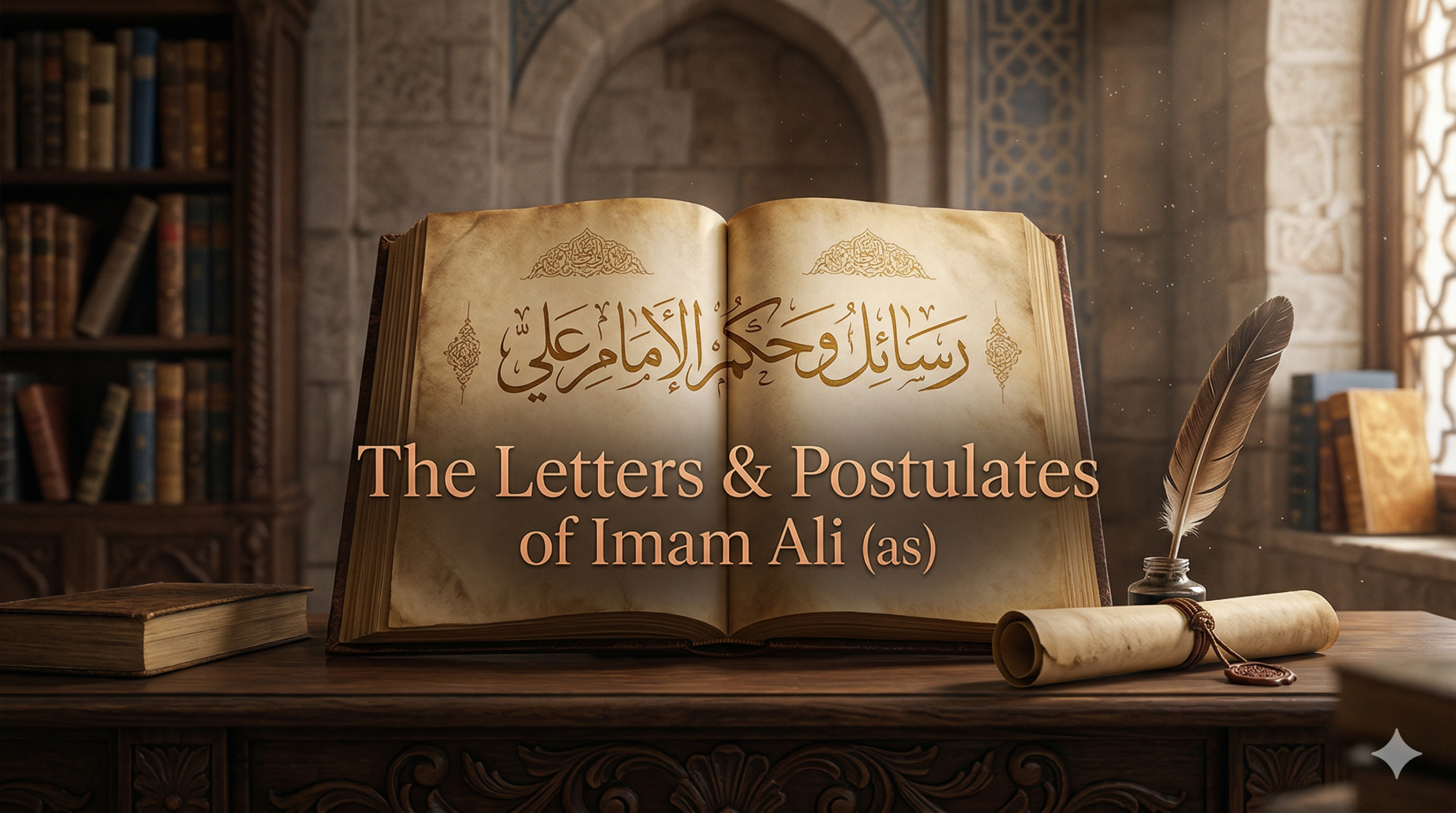 An open ancient manuscript with Arabic calligraphy and a quill pen in a historical library, featuring the title "The Letters and Postulates of Imam Ali (as)".